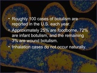 • Roughly 100 cases of botulism are
reported in the U.S. each year.
• Approximately 25% are foodborne, 72%
are infant botulism, and the remaining
3% are wound botulism.
• Inhalation cases do not occur naturally.
 