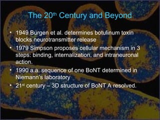 The 20th
Century and Beyond
• 1949 Burgen et al. determines botulinum toxin
blocks neurotransmitter release
• 1979 Simpson proposes cellular mechanism in 3
steps: binding, internalization, and intraneuronal
action.
• 1990 a.a. sequence of one BoNT determined in
Niemann’s laboratory
• 21st
century – 3D structure of BoNT A resolved.
 