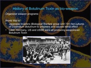 History of Botulinum Toxin as bio-weapon
Organized weapon programs:
World War II
• Japanese invaders (Biological Warfare group Unit 731) fed cultures
of Clostridium Botulinum to prisoners and caused lethal effect
• Later, Germany, US and USSR were all producing weaponized
Botulinum Toxin
 