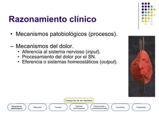 Razonamiento clínico <ul><ul><li>Mecanismos patobiológicos (procesos). </li></ul></ul><ul><ul><li>Mecanismos del dolor. </...