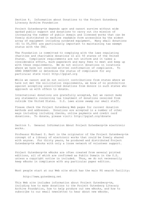 Section 4. Information about Donations to the Project Gutenberg
Literary Archive Foundation
Project Gutenberg-tm depends upon and cannot survive without wide
spread public support and donations to carry out its mission of
increasing the number of public domain and licensed works that can be
freely distributed in machine readable form accessible by the widest
array of equipment including outdated equipment. Many small donations
($1 to $5,000) are particularly important to maintaining tax exempt
status with the IRS.
The Foundation is committed to complying with the laws regulating
charities and charitable donations in all 50 states of the United
States. Compliance requirements are not uniform and it takes a
considerable effort, much paperwork and many fees to meet and keep up
with these requirements. We do not solicit donations in locations
where we have not received written confirmation of compliance. To
SEND DONATIONS or determine the status of compliance for any
particular state visit http://pglaf.org
While we cannot and do not solicit contributions from states where we
have not met the solicitation requirements, we know of no prohibition
against accepting unsolicited donations from donors in such states who
approach us with offers to donate.
International donations are gratefully accepted, but we cannot make
any statements concerning tax treatment of donations received from
outside the United States. U.S. laws alone swamp our small staff.
Please check the Project Gutenberg Web pages for current donation
methods and addresses. Donations are accepted in a number of other
ways including including checks, online payments and credit card
donations. To donate, please visit: http://pglaf.org/donate
Section 5. General Information About Project Gutenberg-tm electronic
works.
Professor Michael S. Hart is the originator of the Project Gutenberg-tm
concept of a library of electronic works that could be freely shared
with anyone. For thirty years, he produced and distributed Project
Gutenberg-tm eBooks with only a loose network of volunteer support.
Project Gutenberg-tm eBooks are often created from several printed
editions, all of which are confirmed as Public Domain in the U.S.
unless a copyright notice is included. Thus, we do not necessarily
keep eBooks in compliance with any particular paper edition.
Most people start at our Web site which has the main PG search facility:
http://www.gutenberg.net
This Web site includes information about Project Gutenberg-tm,
including how to make donations to the Project Gutenberg Literary
Archive Foundation, how to help produce our new eBooks, and how to
subscribe to our email newsletter to hear about new eBooks.
 