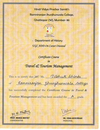 degree travel & tourism certificate