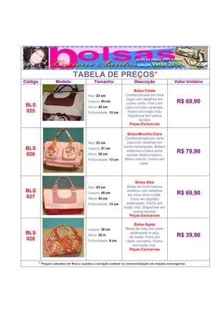 TABELA DE PREÇOS*
Código              Modelo                    Tamanho                   Descrição                  Valor Unitário

                                                                        Bolsa Cibele
                                         Alça: 23 cm              Confeccionada em lona
                                                                   bege com detalhes em
                                         Largura: 45 cm
                                                                   corino vinho. Forro em            R$ 69,90
BLS                                      Altura: 43 cm            cetim em tom caramelo.
025                                      Profundidade: 13 cm        Fecho em botão ímã.
                                                                    Disponível em outros
                                                                           tecidos
                                                                     Peças Exclusivas

                                                                   Bolsa Mochila Clara
                                                                  Confeccionada em lona
                                         Alça: 23 cm               rosa com detalhes em
                                                                 corino estampado. Bolsos
BLS                                      Largura: 27 cm
026                                      Altura: 35 cm
                                                                   externos e bolsa porta            R$ 79,90
                                                                   caneta. Bolso traseiro.
                                         Profundidade: 13 cm      Bolso interno. Fecho em
                                                                            zíper.




                                                                         Bolsa Alba
                                         Alça: 23 cm                Bolsa em lona branca
BLS                                      Largura: 45 cm
                                                                   sintética com detalhes
                                                                                                     R$ 69,90
                                                                    em lona vinho e lilás.
027                                      Altura: 43 cm                Forro em algodão
                                         Profundidade: 13 cm       estampado. Fecho em
                                                                  botão ímã. Disponível em
                                                                        outros tecidos
                                                                     Peças Exclusivas

                                                                        Bolsa Ágata
                                         Largura: 30 cm            Bolsa de mão em cetim
BLS                                      Altura: 25 m
                                                                      estampado e alça
                                                                                                     R$ 39,90
                                                                     de metal. Forro em
028                                      Profundidade: 8 cm        cetim vermelho. Fecho
                                                                       em botão ímã.
                                                                     Peças Exclusivas



         * Preços cobrados em Real e sujeitos a variação cambial na comercialização em moedas estrangeiras.
 