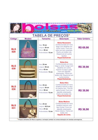 TABELA DE PREÇOS*
Código              Modelo                    Tamanho                   Descrição                  Valor Unitário

                                                                     Bolsa Necessaire
                                         Alça: 19 cm              Confeccionada em lona
                                                                   bege com detalhes em
                                         Largura: 25 cm
                                                                   corino vinho. Forro em            R$ 69,90
BLS                                      Altura: 30 cm            cetim em tom caramelo.
029                                      Profundidade: 13 cm        Fecho em botão ímã.
                                                                    Disponível em outros
                                                                           tecidos
                                                                     Peças Exclusivas

                                                                         Bolsa Ana
                                         Alça: 23 cm               Confeccionada em lona
BLS                                      Largura: 45 cm
                                                                  bege e verde musgo com
                                                                                                     R$ 39,90
                                                                     detalhes em corino
030                                      Altura: 43 cm             marrom na alça e pala.
                                         Profundidade: 13 cm          Forro em algodão
                                                                   estampado. Fecho em
                                                                  botão ímã. Disponível em
                                                                       outros tecidos
                                                                     Peças Exclusivas

                                                                          Bolsa Héra
                                         Alça: 23 cm               Confeccionada em lona
BLS                                      Largura: 35 cm
                                                                   sintética marrom e alça
                                                                   no mesmo tom. Tira em
030                                      Altura: 38 cm             palha frontal. Forro em           R$ 39,90
                                         Profundidade: 13 cm         algodão estampado.
                                                                    Fecho em botão ímã.
                                                                      Peças Exclusivas


                                                                       Bolsa Madona
                                         Alça: 23 cm              Confeccionada em lona
BLS                                      Largura: 43,5 cm
                                                                   sintética marrom com
                                                                   laço frontal. Forro em
031                                      Altura: 47 cm              algodão estampado.               R$ 36,90
                                         Profundidade: 13 cm      Bolso interno. Fecho em
                                                                         botão imã.
                                                                     Opções de cores.


         * Preços cobrados em Real e sujeitos a variação cambial na comercialização em moedas estrangeiras.
 