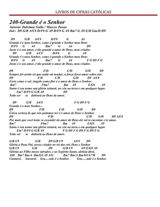 LIVROS DE CIFRAS CATÓLICAS
240-Grande é o Senhor
Autoria: Dalvimar Gallo / Marcos Pavan
Intr: D9 G/B A/C# D/F# G A9 D/F# G A9 Bm7 G A9 E/D Gm/D D9
D9 G/B A/C# D/F# G A4
Grande é o meu Senhor, como é grande o Senhor meu Deus
D/F# G A4 Bm7 G A4 D9
Justo é o seu amor, é tão grande o amor de Deus, meu criador.
D9 G/B A/C# D/F# G A9
Grande é o meu Senhor, como é grande o Senhor meu Deus
D/F# G A9 Bm7 G A4 F G D9 F G
Justo é o seu amor, é tão grande o amor de Deus, meu criador.
D9 F/D C/D G/D D9
Sempre foi assim sei que nada vai mudar, a força desse amor sobre nós.
D9 F/D C/D G/D D9 A/C#
Forte como o sol, singelo como flor é o amor de Deus o Senhor.
Bm7 F#m7 Bm A9 E/G# A9
Santo é seu nome sua glória reinará, no céu na terra e em qualquer lugar.
Em7 D/F# G G/B A9 D9
Todo ser se dobrará ao Deus de amor.
D9 G/B A/C# F G D9 F G
Grande é o meu Senhor...
D9 F/D C/D G/D D9
Única certeza de que nós podemos ter é o amor de Deus o Senhor.
D9 F/D C/D G/D D9 A/C#
Por mais que você tente se esconder do amor de Deus ele vai te encontar e te amar.
Bm7 F#m7 Bm A9 E/G# A9
Santo é seu nome sua glória reinará, no céu na terra e em qualquer lugar.
Em7 D/F# G G/B A9 F G D9 F G D9 F G D9 F G
Todo ser se dobrará ao Deus de amor.
G/B C9 G/B D9 G/B C9 A/C# D9
Glória a Deus Pai, nosso criador ao rei dos reis Deus e Senhor
G/B C9 G/B D9 G/B C9 G9 E/G# A9
Glórias ao Filho nosso salvador, e ao Espírito Santo, aleluia direi,
A#0 Bm7 Bm/A Bm/G# A9 A/G Bm7 Bm/A Bm/G# G7M D9
Cantarei, louvarei. Gra.....nde é o Senhor. Gra......nde é o Senhor
 