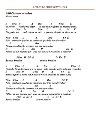 LIVROS DE CIFRAS CATÓLICAS
260-Somos irmãos
Marcos pavan
A C#m D A Bm A F#m E
Ei, você! Venha me dizer se não somos filhos do mesmo Deus!
A C#m D F#m D A E4 E
Ninguém vai poder tirar de nós a grande alegria de viver na paz
F#m C#m D A Bm E4 E
Não existirão quedas no caminho que irão nos derrubar
D A Bm A
Na mesma direção seremos um pra caminhar
D A Bm D E4 E
Filhos de um mesmo pai que nos ama e nos ensina a perdoar
F#m D E4 E D E4 E
Somos irmãos somos irmãos
A C#m D A Bm A F#m E
Quando Deus derrama o s eu amor não escolhe entre nós um vencedor
A C#m D F#m D A E4 E
Somos iguais e nada vai mudar a nossa unidade de amor e paz
F#m C#m D A Bm E4 E
Não existirão quedas no caminho que irão nos derrubar
D A Bm A
Na mesma direção seremos um pra caminhar
D A Bm D E4 E
Filhos de um mesmo pai que nos ama e nos ensina a perdoar
F#m D E4 E A D E4 E
Somos irmãos somos irmãos
 