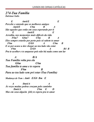 LIVROS DE CIFRAS CATÓLICAS
274-Tua Família
Dalvimar Gallo
E Am6/E E
Percebe e entende que os melhores amigos
Am6/E C#m B A
São aqueles que estão em casa esperando por ti
E Am6/E E
Acredita, nos momentos mais difíceis da vida
F#m7 G#m7 C#m B A
Eles sempre estarão por perto pois só sabem te amar
F#m E/G# A C#m B
E se por acaso a dor chegar ao teu lado vão estar
F#m E/G# A B4 B
Pra te acolher e te amparar pois não há nada como um lar
A B/A
Tua Família volta pra ela
G#m C#m
Tua família te ama e te espera
F#m B
Para ao teu lado sem pré estar (Tua Família)
Mudança de Tom : Am6 E/G# Bm E
A Dm6/A A
Às vezes muitas pedras cruzam pelo caminho
Dm6/A F#m E D
Mas em casa alguém feliz te espera pra te amar
 