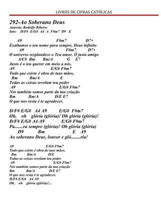 LIVROS DE CIFRAS CATÓLICAS
292-Ao Soberano Deus
Autoria: Rodolfo Ribeiro
Intr: D/F# E/G# A4 A F#m7 D9 E
A9 F#m7 D7+
Exaltamos o teu nome para sempre, Deus infinito
A9 F#m7 D7+
O universo resplandece o Teu amor. Ó justo amigo
A/C# Bm Bm/A G E7
Justo é o teu querer em meio a nós.
A9 E/G# F#m7
Tudo que existe é obra de tuas mãos,
Bm Bm/A E
Todas as coisas revelam teu poder
A9 E/G# F#m7
Nós também somos parte da tua criação
Bm Bm/A D/E E7
O que nos resta é te agradecer.
D/F# E/G# A4 A9 E/G# F#m7
Oh, oh glória (glória)! Oh glória (glória)!
D/F# E/G# A4 A9 E/G# F#m7
Pa.......ra sempre (glória)! Oh glória (glória)
D9 Bm E A9
Ao soberano Deus, louvor e gló........ria!
A9 E/G# F#m7
Tudo que existe é obra de tuas mãos,
Bm Bm/A D/E
Todas as coisas revelam teu poder
A9 E/G# F#m7
Nós também somos parte da tua criação
Bm Bm/A D/E E7
O que nos resta é te agradecer.
D/F# E/G# A4 A9
Oh, oh glória (glória)!...
 