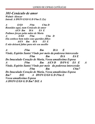 LIVROS DE CIFRAS CATÓLICAS
301-Cenáculo de amor
Walmir Alencar
Introd: A D9/F# E/G# G D F#m E (2x)
A E/G# F#m C#m D
Reunidos aqui, num Cenáculo de amor
A/C# Bm D/A E4 E
Pedimos forças pelas mãos de Maria
A E/G# F#m C#m D
Ela conhece bem todos seus queridos filhos
A/C# Bm D/A E4 E
E não deixará faltar para nós seu auxílio
A F#m Bm D/A E
Vinde, Espírito Santo! Vinde por meio da poderosa intercessão
F#m Bm D/A E4 E
Do Imaculado Coração de Maria, Vossa amadíssima Esposa
A F#m Bm A/C# D D/F# G E4 E A
Vinde, Espírito Santo! Vinde por meio da poderosa intercessão
F#m Bm C#m7
Do Imaculado Coração de Maria, Vossa amadíssima Esposa
Bm7 D/E A D9/F# E/G# G D F#m E
Vossa amadíssima Esposa
A D9/F# E/G# G D Bm7 D/E A
 