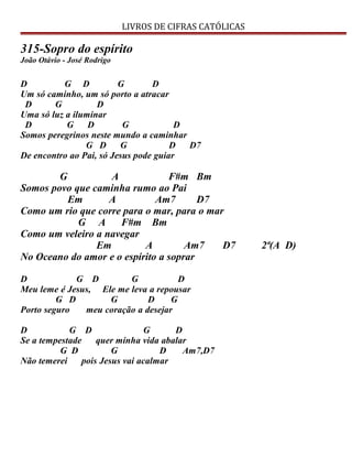 LIVROS DE CIFRAS CATÓLICAS
315-Sopro do espírito
João Otávio - José Rodrigo
D G D G D
Um só caminho, um só porto a atracar
D G D
Uma só luz a iluminar
D G D G D
Somos peregrinos neste mundo a caminhar
G D G D D7
De encontro ao Pai, só Jesus pode guiar
G A F#m Bm
Somos povo que caminha rumo ao Pai
Em A Am7 D7
Como um rio que corre para o mar, para o mar
G A F#m Bm
Como um veleiro a navegar
Em A Am7 D7 2ª(A D)
No Oceano do amor e o espírito a soprar
D G D G D
Meu leme é Jesus, Ele me leva a repousar
G D G D G
Porto seguro meu coração a desejar
D G D G D
Se a tempestade quer minha vida abalar
G D G D Am7,D7
Não temerei pois Jesus vai acalmar
 
