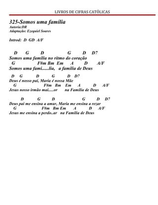 LIVROS DE CIFRAS CATÓLICAS
325-Somos uma família
Autoria:DR
Adaptação: Ezequiel Soares
Introd: D GD A/F
D G D G D D7
Somos uma família no ritmo do coração
G F#m Bm Em A D A/F
Somos uma famí......lia, a família de Deus
D G D G D D7
Deus é nosso pai, Maria é nossa Mãe
G F#m Bm Em A D A/F
Jesus nosso irmão mai.....or na Família de Deus
D G D G D D7
Deus pai me ensina a amar, Maria me ensina a rezar
G F#m Bm Em A D A/F
Jesus me ensina a perdo..ar na Família de Deus
 