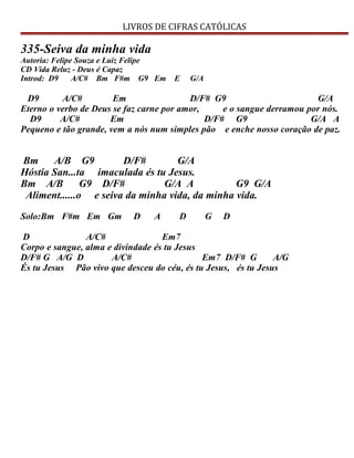 LIVROS DE CIFRAS CATÓLICAS
335-Seiva da minha vida
Autoria: Felipe Souza e Luiz Felipe
CD Vida Reluz - Deus é Capaz
Introd: D9 A/C# Bm F#m G9 Em E G/A
D9 A/C# Em D/F# G9 G/A
Eterno o verbo de Deus se faz carne por amor, e o sangue derramou por nós.
D9 A/C# Em D/F# G9 G/A A
Pequeno e tão grande, vem a nós num simples pão e enche nosso coração de paz.
Bm A/B G9 D/F# G/A
Hóstia San...ta imaculada és tu Jesus.
Bm A/B G9 D/F# G/A A G9 G/A
Aliment......o e seiva da minha vida, da minha vida.
Solo:Bm F#m Em Gm D A D G D
D A/C# Em7
Corpo e sangue, alma e divindade és tu Jesus
D/F# G A/G D A/C# Em7 D/F# G A/G
És tu Jesus Pão vivo que desceu do céu, és tu Jesus, és tu Jesus
 