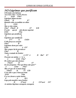 LIVROS DE CIFRAS CATÓLICAS
342-Lágrimas que purificam
CD-Lindo céu/Adriana
Autor:Ítalo Villar / Arnóbio Moreira
A E/G# F#m7
Lágrimas falam mesmo
F#m/E D E7
Quando estão escondidas no olhar
A E/G#
Mas se elas rolam
F#m7 F#m/E D E7 E/D
É a dor que já não dá pra suportar
E/G# F#m
Lágrimas que purificam
E A
Lágrimas que santificam
F7+ E C#/E#
E dão força ao coração
F#m7 D
Lágrimas doem pra valer
E/G# A C#7
Mas sempre há de prevalecer
F#m7 D
Toda a vontade do Senhor
E A C#7 A D Bm7 E7
Presente em minha v i d a
A E/G# F#m7
Os sonhos que não alcanço
F#m/E D E7
Eu me pergunto: “Por quê Deus não quis?”
A E/G# F#m7
Mas sei que ele vê mais longe
F#m/E D E7 E/D
E ele sabe o que é bom pra mim
E/G# F#m
E se eu chorar a noite inteira
E A B/A
Logo pela manhã o meu Senhor
D E7sus4 A C#7sus4 C#7
As minhas lágrimas enxugará, enxugará.
 