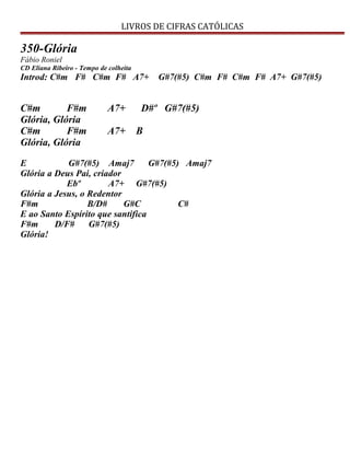 LIVROS DE CIFRAS CATÓLICAS
350-Glória
Fábio Roniel
CD Eliana Ribeiro - Tempo de colheita
Introd: C#m F# C#m F# A7+ G#7(#5) C#m F# C#m F# A7+ G#7(#5)
C#m F#m A7+ D#º G#7(#5)
Glória, Glória
C#m F#m A7+ B
Glória, Glória
E G#7(#5) Amaj7 G#7(#5) Amaj7
Glória a Deus Pai, criador
Ebº A7+ G#7(#5)
Glória a Jesus, o Redentor
F#m B/D# G#C C#
E ao Santo Espírito que santifica
F#m D/F# G#7(#5)
Glória!
 