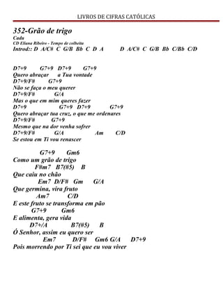 LIVROS DE CIFRAS CATÓLICAS
352-Grão de trigo
Cadu
CD Eliana Ribeiro - Tempo de colheita
Introd:: D A/C# C G/B Bb C D A D A/C# C G/B Bb C/Bb C/D
D7+9 G7+9 D7+9 G7+9
Quero abraçar a Tua vontade
D7+9/F# G7+9
Não se faça o meu querer
D7+9/F# G/A
Mas o que em mim queres fazer
D7+9 G7+9 D7+9 G7+9
Quero abraçar tua cruz, o que me ordenares
D7+9/F# G7+9
Mesmo que na dor venha sofrer
D7+9/F# G/A Am C/D
Se estou em Ti vou renascer
G7+9 Gm6
Como um grão de trigo
F#m7 B7(#5) B
Que caiu no chão
Em7 D/F# Gm G/A
Que germina, vira fruto
Am7 C/D
E este fruto se transforma em pão
G7+9 Gm6
E alimenta, gera vida
D7+/A B7(#5) B
Ó Senhor, assim eu quero ser
Em7 D/F# Gm6 G/A D7+9
Pois morrendo por Ti sei que eu vou viver
 