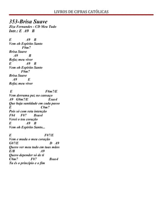 LIVROS DE CIFRAS CATÓLICAS
353-Brisa Suave
Ziza Fernandes - CD Meu Tudo
Intr.: E A9 B
E A9 B
Vem oh Espírito Santo
F#m7
Brisa Suave
A9 B
Refaz meu viver
E A9 B
Vem oh Espírito Santo
F#m7
Brisa Suave
A9 E
Refaz meu viver
E F#m7/E
Vem derrama paz no cansaço
A9 G#m7/E Esus4
Que haja santidade em cada passo
E C#m7
Pois só com reta intenção
F#4 F#7 Bsus4
Verei o teu coração
E A9 B
Vem oh Espírito Santo...
E F#7/E
Vem e muda o meu coração
G#7/E D A9
Quero ver meu tudo em tuas mãos
E/B A9
Quero depender só de ti
C#m7 F#7 Bsus4
Tu és o princípio e o fim
 