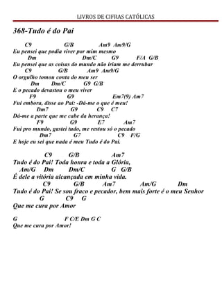 LIVROS DE CIFRAS CATÓLICAS
368-Tudo é do Pai
C9 G/B Am9 Am9/G
Eu pensei que podia viver por mim mesmo
Dm Dm/C G9 F/A G/B
Eu pensei que as coisas do mundo não iriam me derrubar
C9 G/B Am9 Am9/G
O orgulho tomou conta do meu ser
Dm Dm/C G9 G/B
E o pecado devastou o meu viver
F9 G9 Em7(9) Am7
Fui embora, disse ao Pai: -Dá-me o que é meu!
Dm7 G9 C9 C7
Dá-me a parte que me cabe da herança!
F9 G9 E7 Am7
Fui pro mundo, gastei tudo, me restou só o pecado
Dm7 G7 C9 F/G
E hoje eu sei que nada é meu Tudo é do Pai.
C9 G/B Am7
Tudo é do Pai! Toda honra e toda a Glória,
Am/G Dm Dm/C G G/B
É dele a vitória alcançada em minha vida.
C9 G/B Am7 Am/G Dm
Tudo é do Pai! Se sou fraco e pecador, bem mais forte é o meu Senhor
G C9 G
Que me cura por Amor
G F C/E Dm G C
Que me cura por Amor!
 