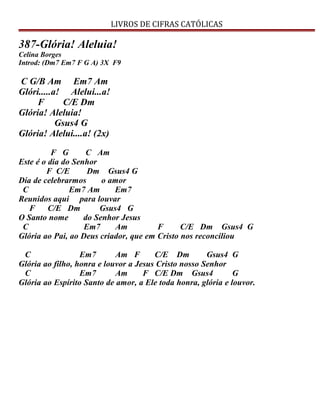 LIVROS DE CIFRAS CATÓLICAS
387-Glória! Aleluia!
Celina Borges
Introd: (Dm7 Em7 F G A) 3X F9
C G/B Am Em7 Am
Glóri.....a! Alelui...a!
F C/E Dm
Glória! Aleluia!
Gsus4 G
Glória! Alelui....a! (2x)
F G C Am
Este é o dia do Senhor
F C/E Dm Gsus4 G
Dia de celebrarmos o amor
C Em7 Am Em7
Reunidos aqui para louvar
F C/E Dm Gsus4 G
O Santo nome do Senhor Jesus
C Em7 Am F C/E Dm Gsus4 G
Glória ao Pai, ao Deus criador, que em Cristo nos reconciliou
C Em7 Am F C/E Dm Gsus4 G
Glória ao filho, honra e louvor a Jesus Cristo nosso Senhor
C Em7 Am F C/E Dm Gsus4 G
Glória ao Espírito Santo de amor, a Ele toda honra, glória e louvor.
 