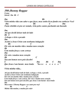 LIVROS DE CIFRAS CATÓLICAS
390-Jhonny Reggae
Cosme
Introd: Dm Bb C
Dm Bb C
Vivia minha vida sem saber o que fazer, meu sonho lá no fundo era conhecer Você
Dm Bb C Dm
Fazia rebeldia só pra ser notado, vivia pelos cantos puchando um baseado
Dm
Até que decidi deixar tudo de lado
Bb C
A droga o vício o pecado
Dm
Aceitei a Jesus Cristo sem nenhuma indagação
Bb C
Ele veio em munha vida e mudou meu coração
Bb
Com muita força e com certeza
Dm
Ele veio e mudou meu coração
Bb C
Sou um homen novo pois decobri
C Dm Bb C Dm
Que Jesus é um barato meu irmão “ho o o o o o o o ”
Vivia minha vida...
Até que decidi deixar tudo de lado, a droga, o vício, o pecado
Aceitei a Jesus Cristo sem nenhuma indagação
Ele veio em munha vida e mudou meu coração
Com muita força e com certeza, Ele veio e mudou meu coração
Sou um homen novo pois decobri, que Jesus é um barato meu irmão
Dm
Meu nome é Jhonny Reggae e eu canto pra voçê
Bb C
Minha vida mudou, e mudou pra valer
 