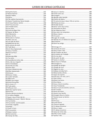 LIVROS DE CIFRAS CATÓLICAS
226-Espírito Santo......................................................................232
227-Nosso General.....................................................................233
228-Deus Habita.........................................................................234
229-Glória...................................................................................235
230-Tão sublime Sacramento....................................................236
231-Quero Transformar Numa Canção.....................................237
232-A Vossa Palavra, Senhor.....................................................238
233-É Prova de amor.................................................................239
234-Trindade Santa....................................................................240
235-Teu amor.............................................................................241
236-Fonte de Água Viva.............................................................242
237-Nascer de Novo...................................................................243
238-A Montanha........................................................................244
239-Amor de Pai........................................................................245
240-Grande é o Senhor..............................................................246
241-Mais uma vez......................................................................247
242-Um grão de Areia................................................................248
243-Mãezinha do Céu................................................................249
244-Eu preciso de você..............................................................250
245-Tudo Novo...........................................................................251
246-Um Deus Apaixonado.........................................................252
247-Deus é Família.....................................................................253
248-Pare de Pecar......................................................................254
249- Pai.......................................................................................255
250-Desculpa Mãe.....................................................................256
251-Teu amor.............................................................................257
252-Guardião da minha vida.....................................................258
253-Eu não sou ninguém...........................................................259
254-Os 10 Soldados....................................................................260
255-Acorda pra vida...................................................................261
256-Estou Aqui...........................................................................262
257-Estou Falando de vida.........................................................263
258-Olhar Apaixonado...............................................................264
259-A busca................................................................................265
260-Somos irmãos.....................................................................266
261-Jardim fechado...................................................................267
262-Mãe da fé............................................................................268
263-Mais que amigos.................................................................269
264-Ponto de partida.................................................................270
265-Eu louvo a Ti........................................................................271
266-Tudo podes.........................................................................272
267-Olha pra mim......................................................................273
268-Vinde, Espírito Santo..........................................................274
269-Permite...............................................................................275
270-Vivo ofertório de Maria......................................................276
271-A melhor Religião...............................................................277
272-Igual a Jesus Cristo não há..................................................278
273-Medley de Louvor / Walmir Alencar..................................279
274-Tua Família..........................................................................280
274-Tua Família (continuação).................................................281
275-Feridas rasgadas.................................................................282
276-Amigo..................................................................................283
277-Ouvir o Livro.......................................................................284
278-Te encontrei........................................................................285
279-Maior motivo......................................................................286
280-Eternamente.......................................................................287
281-Campo da Vida....................................................................288
282-Jesus é o Senhor.................................................................289
283-Tente outra vez...................................................................290
284-Coragem..............................................................................291
285-Benção sobre benção.........................................................292
286-Cântico de Maria................................................................293
287-O nome de Jesus é doce / Dê um sorriso...........................294
288-Palmas pra Jesus.................................................................295
289-Perdão Senhor....................................................................296
290-Amar como Jesus amou......................................................297
291-Pensando em Deus.............................................................298
292-Ao Soberano Deus..............................................................299
293-Seu amor me conquistou...................................................300
294-Nova criatura......................................................................301
295-Foi assim.............................................................................302
296-Lugar do coração................................................................303
297-Manda-me um bilhete de regresso....................................304
298-Cumprirei............................................................................305
299-Serei teu amigo...................................................................306
3
300-Entrego à Ti.........................................................................307
301-Cenáculo de amor...............................................................308
302-Deus é bom e fiel................................................................309
303-Ao Cordeiro de Deus...........................................................310
304-O mistério da Trindade.......................................................311
305-Em teu altar........................................................................312
306-Ao partir do pão..................................................................313
307-Santo é o Senhor.................................................................314
308-A chuva no Telhado............................................................315
309-Consagra-se.........................................................................316
310-Solidão de Amigos..............................................................317
311-Oração de Cura...................................................................318
312-Alguém te ama....................................................................319
313-Gálatas 4,6 (Aba Pai!).........................................................320
314-Misericórdia infinita...........................................................321
315-Sopro do espírito................................................................322
316-Está aqui, em mim, em ti....................................................323
317-Davi cantou.........................................................................324
318-Quem me tocou..................................................................325
319-Ela é Maria..........................................................................326
320-Jesus cristo te escolheu......................................................327
321-Vaso Transborda.................................................................328
322-Deus te ama do Jeitinho como és......................................329
323-De coração..........................................................................330
324-Servo por Amor...................................................................331
325-Somos uma família.............................................................332
326-Coragem Deus te chama....................................................333
327-Vamos louvar ao Senhor....................................................334
328-É Fiel....................................................................................335
329-Princesa...............................................................................336
330-Cante Dance........................................................................337
331-Tesouro sagrado.................................................................338
332-Te deixas encontrar............................................................339
333-Deus é capaz.......................................................................340
334-Te deixas encontrar............................................................341
335-Seiva da minha vida............................................................342
336-Filho muito amado.............................................................343
337-Senhor e Rei........................................................................344
 