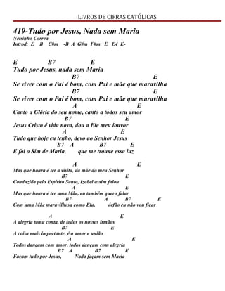 LIVROS DE CIFRAS CATÓLICAS
419-Tudo por Jesus, Nada sem Maria
Nelsinho Correa
Introd: E B C#m -B A G#m F#m E E4 E-
E B7 E
Tudo por Jesus, nada sem Maria
B7 E
Se viver com o Pai é bom, com Pai e mãe que maravilha
B7 E
Se viver com o Pai é bom, com Pai e mãe que maravilha
A E
Canto a Glória do seu nome, canto a todos seu amor
B7 E
Jesus Cristo é vida nova, dou a Ele meu louvor
A E
Tudo que hoje eu tenho, devo ao Senhor Jesus
B7 A B7 E
E foi o Sim de Maria, que me trouxe essa luz
A E
Mas que honra é ter a visita, da mãe do meu Senhor
B7 E
Conduzida pelo Espírito Santo, Izabel assim falou
A E
Mas que honra é ter uma Mãe, eu também quero falar
B7 A B7 E
Com uma Mãe maravilhosa como Ela, órfão eu não vou ficar
A E
A alegria toma conta, de todos os nossos irmãos
B7 E
A coisa mais importante, é o amor e união
A E
Todos dançam com amor, todos dançam com alegria
B7 A B7 E
Façam tudo por Jesus, Nada façam sem Maria
 