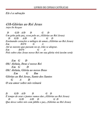 LIVROS DE CIFRAS CATÓLICAS
Ele é a salvação
438-Glórias ao Rei Jesus
Anjos De Resgate
D G/D A/D D G D
Um grito pela paz, ecoa pelo ar...(Glórias ao Rei Jesus)
D G/D A/D D G D
Ensinando corações o milagre de amar...(Glórias ao Rei Jesus)
Em D/F# G A
Até as nuvens que passam no ar, irão se alegrar.
Em D/F# G A
Pois sobre elas Jesus nosso Rei em sua glória virá (assim será)
Em G D
Oh! Aleluia, Deus é nosso Rei
Em G D
Oh! Aleluia, Glória ao nosso Deus
Em G Bm
Glórias ao Rei Jesus, Santo dos Santos
G A D
O seu amor sobre nós reinará
D G/D A/D D G D
É tempo de orar e juntos vamos dar...(Glórias ao Rei Jesus)
D G/D A/D D G D
Que desce sobre nós com júbilo e paz...(Glórias ao Rei Jesus)
 
