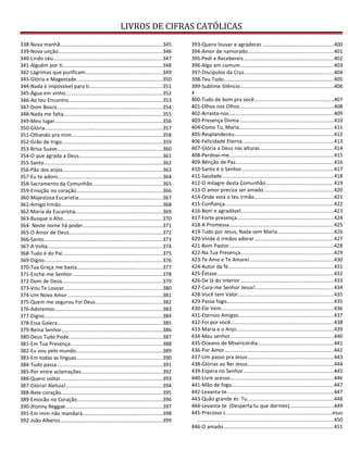 LIVROS DE CIFRAS CATÓLICAS
338-Nova manhã........................................................................345
339-Nova unção.........................................................................346
340-Lindo céu.............................................................................347
341-Alguém por ti......................................................................348
342-Lágrimas que purificam......................................................349
343-Glória e Magestade............................................................350
344-Nada é impossível para ti...................................................351
345-Água em vinho....................................................................352
346-Ao teu Encontro..................................................................353
347-Dom Bosco..........................................................................354
348-Nada me falta.....................................................................355
349-Meu lugar............................................................................356
350-Glória...................................................................................357
351-Olhando pra mim................................................................358
352-Grão de trigo.......................................................................359
353-Brisa Suave..........................................................................360
354-O que agrada a Deus..........................................................361
355-Santo...................................................................................362
356-Pão dos anjos......................................................................363
357-Eu te adoro.........................................................................364
358-Sacramento da Comunhão.................................................365
359-Emoção no coração............................................................366
360-Majestosa Eucaristia...........................................................367
361-Amigo Irmão.......................................................................368
362-Maria da Eucaristia.............................................................369
363-Busque o Alto......................................................................370
364- Neste nome há poder........................................................371
365-O Amor de Deus..................................................................372
366-Santo...................................................................................373
367-A Volta.................................................................................374
368-Tudo é do Pai......................................................................375
369-Digno...................................................................................376
370-Tua Graça me basta............................................................377
371-Enche-me Senhor...............................................................378
372-Dom de Deus......................................................................379
373-Vou Te Louvar.....................................................................380
374-Um Novo Amor...................................................................381
375-Quem me segurou Foi Deus...............................................382
376-Adoremos............................................................................383
377-Digno...................................................................................384
378-Essa Galera..........................................................................385
379-Reina Senhor.......................................................................386
380-Deus Tudo Pode..................................................................387
381-Em Tua Presença................................................................388
382-Eu vou pelo mundo.............................................................389
383-Em todas as línguas............................................................390
384-Tudo passa..........................................................................391
385-Por entre aclamações.........................................................392
386-Quero voltar........................................................................393
387-Glória! Aleluia!....................................................................394
388-Bate coração.......................................................................395
389-Emocão no Coração............................................................396
390-Jhonny Reggae....................................................................397
391-Em mim não mandará........................................................398
392-João Alberto........................................................................399
393-Quero louvar e agradecer..................................................400
394-Amor de namorado............................................................401
395-Pedi e Recebereis...............................................................402
396-Algo em comum..................................................................403
397-Discípulos da Cruz...............................................................404
398-Teu Tudo.............................................................................405
399-Sublime Silêncio..................................................................406
4
400-Tudo de bom pra você........................................................407
401-Olhos nos Olhos..................................................................408
402-Arrasta-nos..........................................................................409
403-Presença Divina..................................................................410
404-Como Tu, Maria..................................................................411
405-Resplandeceu......................................................................412
406-Felicidade Eterna................................................................413
407-Glória a Deus nas alturas....................................................414
408-Perdoai-me.........................................................................415
409-Bênção de Paz.....................................................................416
410-Santo é o Senhor.................................................................417
411-Saudade..............................................................................418
412-O milagre desta Comunhão................................................419
413-O amor precisa ser amado.................................................420
414-Onde está o teu irmão........................................................421
415-Confiança............................................................................422
416-Bom e agradável.................................................................423
417-Forte presença....................................................................424
418-A Promessa.........................................................................425
419-Tudo por Jesus, Nada sem Maria.......................................426
420-Vinde ó irmãos adorar........................................................427
421-Bom Pastor.........................................................................428
422-Na Tua Presença.................................................................429
423-Te Amo e Te Amarei...........................................................430
424-Autor da fé..........................................................................431
425-Êxtase..................................................................................432
426-De lá do interior..................................................................433
427-Cura-me Senhor Jesus!.......................................................434
428-Você tem Valor...................................................................435
429-Passa fogo...........................................................................435
430-Ele Vem...............................................................................436
431-Eternos Amigos...................................................................437
432-Foi por você........................................................................438
433-Maria e o Anjo....................................................................439
434-Meu senhor.........................................................................440
435-Oceano de Misericórdia.....................................................441
436-Por Amor.............................................................................442
437-Um passo pra Jesus.............................................................443
438-Glórias ao Rei Jesus............................................................444
439-Espera no Senhor................................................................445
440-Livre acesso.........................................................................446
441-Mão de fogo........................................................................447
442-Levanta-te...........................................................................447
443-Quão grande és Tu.............................................................448
444-Levanta-te (Desperta tu que dormes)...............................449
445-Precioso J...........................................................................esus
................................................................................................450
446-O amado..............................................................................451
 