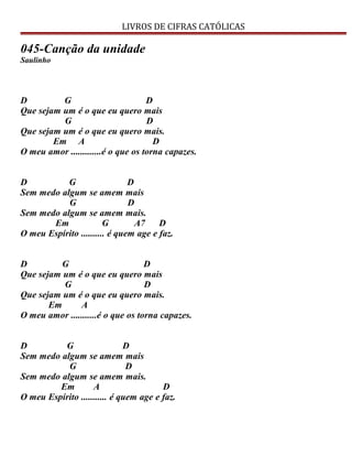 LIVROS DE CIFRAS CATÓLICAS
045-Canção da unidade
Saulinho
D G D
Que sejam um é o que eu quero mais
G D
Que sejam um é o que eu quero mais.
Em A D
O meu amor .............é o que os torna capazes.
D G D
Sem medo algum se amem mais
G D
Sem medo algum se amem mais.
Em G A7 D
O meu Espírito .......... é quem age e faz.
D G D
Que sejam um é o que eu quero mais
G D
Que sejam um é o que eu quero mais.
Em A
O meu amor ...........é o que os torna capazes.
D G D
Sem medo algum se amem mais
G D
Sem medo algum se amem mais.
Em A D
O meu Espírito ........... é quem age e faz.
 