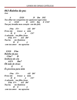 LIVROS DE CIFRAS CATÓLICAS
063-Rainha da paz
Jean
A E/G# D Bm D/E
Teu olhar me conquistou me apaixonei aqui estou
A E/G# D A/C# Bm E C#/F
Tua paz invadiu meu coração sou tão feliz
F#m F5+ A/E D#º
O teu sim trouxe a mim
D E A C#7
A salvação teu filho Jesus
F#m F5+ A/E D#º
Tua luz me iluminou
D E A
com teu amor me agraciou
E/G# F#m
Rainha da paz
C#m7 D
Senhora do céu
A/C# Bm7
Óh mãe de Jesus
E A
És preciosa para mim
F#m F5+ A/E D#º
O teu sim trouxe a mim
D E A C#7
A salvação teu filho Jesus
F#m F5+ A/E D#º
Tua luz me iluminou
D E A
com teu amor me agraciou
 
