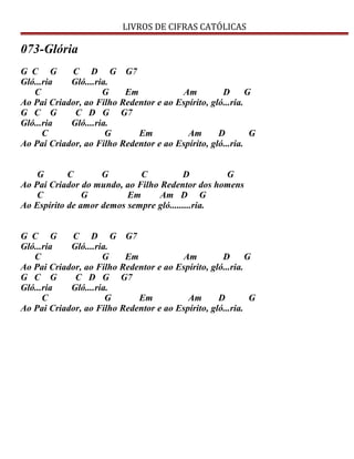LIVROS DE CIFRAS CATÓLICAS
073-Glória
G C G C D G G7
Gló...ria Gló....ria.
C G Em Am D G
Ao Pai Criador, ao Filho Redentor e ao Espírito, gló...ria.
G C G C D G G7
Gló...ria Gló....ria.
C G Em Am D G
Ao Pai Criador, ao Filho Redentor e ao Espírito, gló...ria.
G C G C D G
Ao Pai Criador do mundo, ao Filho Redentor dos homens
C G Em Am D G
Ao Espírito de amor demos sempre gló.........ria.
G C G C D G G7
Gló...ria Gló....ria.
C G Em Am D G
Ao Pai Criador, ao Filho Redentor e ao Espírito, gló...ria.
G C G C D G G7
Gló...ria Gló....ria.
C G Em Am D G
Ao Pai Criador, ao Filho Redentor e ao Espírito, gló...ria.
 