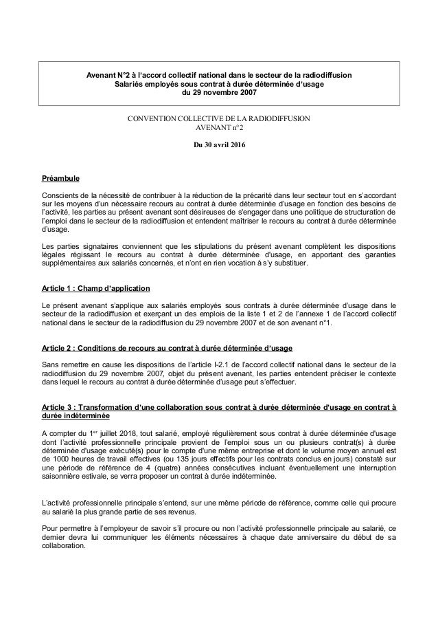 Idcc 1922 Avenant Sur Le Cdd D Usage