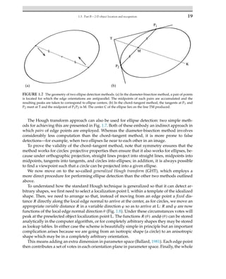 1.3. Part B – 2-D object location and recognition 19
FIGURE 1.7 The geometry of two ellipse detection methods. (a) In the diameter-bisection method, a pair of points
is located for which the edge orientations are antiparallel. The midpoints of such pairs are accumulated and the
resulting peaks are taken to correspond to ellipse centers. (b) In the chord–tangent method, the tangents at P1 and
P2 meet at T and the midpoint of P1P2 is M. The center C of the ellipse lies on the line TM produced.
The Hough transform approach can also be used for ellipse detection: two simple meth-
ods for achieving this are presented in Fig. 1.7. Both of these embody an indirect approach in
which pairs of edge points are employed. Whereas the diameter-bisection method involves
considerably less computation than the chord–tangent method, it is more prone to false
detections—for example, when two ellipses lie near to each other in an image.
To prove the validity of the chord–tangent method, note that symmetry ensures that the
method works for circles: projective properties then ensure that it also works for ellipses, be-
cause under orthographic projection, straight lines project into straight lines, midpoints into
midpoints, tangents into tangents, and circles into ellipses; in addition, it is always possible
to find a viewpoint such that a circle can be projected into a given ellipse.
We now move on to the so-called generalized Hough transform (GHT), which employs a
more direct procedure for performing ellipse detection than the other two methods outlined
above.
To understand how the standard Hough technique is generalized so that it can detect ar-
bitrary shapes, we first need to select a localization point L within a template of the idealized
shape. Then, we need to arrange so that, instead of moving from an edge point a fixed dis-
tance R directly along the local edge normal to arrive at the center, as for circles, we move an
appropriate variable distance R in a variable direction ϕ so as to arrive at L: R and ϕ are now
functions of the local edge normal direction θ (Fig. 1.8). Under these circumstances votes will
peak at the preselected object localization point L. The functions R (θ) andφ (θ) can be stored
analytically in the computer algorithm, or for completely arbitrary shapes they may be stored
as lookup tables. In either case the scheme is beautifully simple in principle but an important
complication arises because we are going from an isotropic shape (a circle) to an anisotropic
shape which may be in a completely arbitrary orientation.
This means adding an extra dimension in parameter space (Ballard, 1981). Each edge point
then contributes a set of votes in each orientation plane in parameter space. Finally, the whole
 