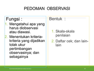 PELATIHAN IMPLEMENTASI KURIKULUM 2013 18
Fungsi :
1. Mengetahui apa yang
harus diobservasi
atau diawasi.
2. Menentukan kriteria-
kriteria yang dijadikan
tolak ukur
pertimbangan
observasinya; dan
sebagainya
Bentuk :
1. Skala-skala
penilaian
2. Daftar cek; dan lain-
lain
PEDOMAN OBSERVASI
 