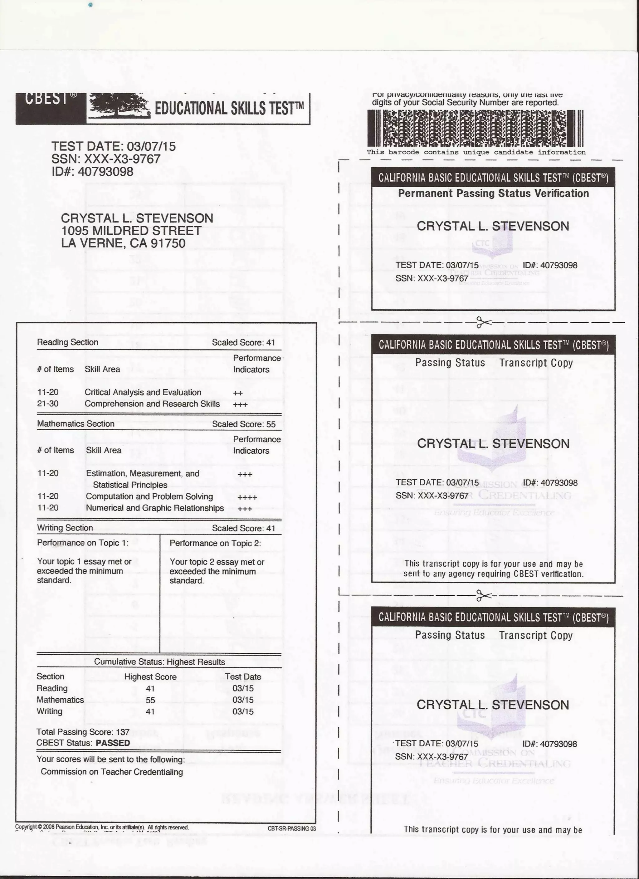 CBEST Passing Results | PDF