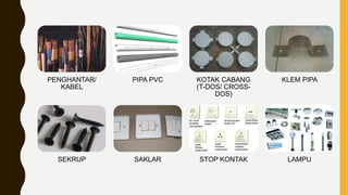 PENGHANTAR/
KABEL
PIPA PVC KOTAK CABANG
(T-DOS/ CROSS-
DOS)
KLEM PIPA
SEKRUP SAKLAR STOP KONTAK LAMPU
 