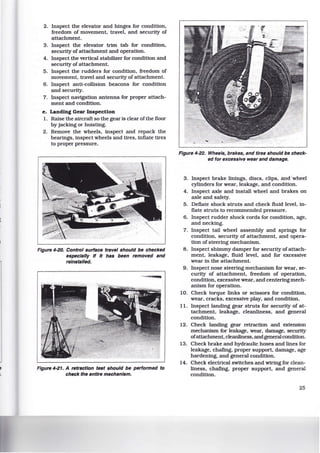 e
L
2. Inspect the elevator and hinges for condition,
freedom of movement, travel, and security of
attachment.
3. Inspect the elevator trim tab for condition,
security of attachment and operation.
4. Inspect the vertical stabilizer for condition and
security of attachment.
5. Inspect the rudders for condition, freedom of
movement, travel and security of attachment.
6. Inspect anti-collision beacons for condition
and security.
7. Inspect navigation antenna for proper attach-
ment and condition.
e. Landing Gear Inspection
1. Raise the aircraft so the gear is clear ofthe floor
by jacking or hoisting.
2. Remove the wheels, inspect and repack the
bearings. inspect wheels and tires, inflate tires
to proper pressure.
Figure 4-20. Control surface travel should be checked
especially ff It has been removed and
reinstalled.
Figure 4-21. A retraction test should be performed to
check the entire mechanism.
Figure 4-22. Wheels, brakes, and tires should be check-
ed for excessive wear and damage.
3. Inspect brake linings. discs, clips, and 'wheel
cylinders for wear, leakage, and condition.
4. Inspect axle and install wheel and brakes on
axle and safety.
5. Deflate shock struts and check fluid level, in-
flate struts to recommended pressure.
6. Inspect rudder shock cords for condition, age.
and necking.
7. Inspect tail wheel assembly and springs for
condition, security of attachment, and opera-
tion of steering mechanism.
8. Inspect shimmy damper for security of attach-
ment, leakage, fluid level, and for excessive
wear in the attachment.
9. Inspect nose steering mechanism for wear, se-
curity of attachment, freedom of operation,
condition, excessive wear. and centeringmech-
anism for operation.
10. Check torque links or scissors for condition,
wear, cracks, excessive play, and condition.
11. Inspect landing gear struts for security of at-
tachment, leakage, cleanliness, and general
condition.
12. Check landing gear retraction and extension
mechanism for leakage, wear, damage, security
ofattachment, cleanliness, and generalcondition.
13. Check brake and hydraulic hoses and lines for
leakage, chafing. proper support, damage, age
hardening, and general condition.
14. Check electrical switches and wiring for clean-
liness, chafing. proper support, and general
condition.
25
 