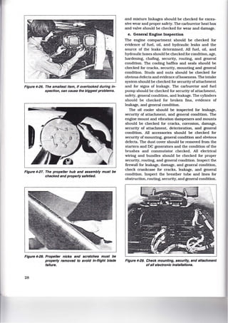 Figure 4-26. The smallest Item, If overlooked during in-
spection, can cause the biggest problems.
Figure 4-27. The propeller hub and assembly must be
checked and properly safetied.
Figure 4·28. Propeller nicks and scratches must be
properly removed to avoid In-flight blade
failure.
28
and mixture linkages should be checked for exces-
sive wear and proper safety. The carburetor heat box
and valve should be checked for wear and damage.
e. General Engine Inspection
The engine compartment should be checked for
evidence of fuel, oil, and hydraulic leaks and the
source of the leaks determined. All fuel, oil, and
hydraulic hoses should be checked for condition, age,
hardening, chafing, security, routing, and general
condition. The cooling baffles and seals should be
checked for cracks, security, mounting and general
condition. Studs and nuts should be checked for
obvious defects and evidence oflooseness. The intake
system should be checked for security ofattachment
and for signs of leakage. The carburetor and fuel
pump should be checked for security of attachment,
safety, general condition, and leakage. The cylinders
should be checked for broken fins, evidence of
leakage, and general condition.
The oil cooler should be inspected for leakage,
security of attachment, and general condition. The
engine mount and vibration dampeners and mounts
should be checked for cracks, corrosion, damage,
security of attachment, deterioration, and general
condition. All accessories should be checked for
security of mounting, general condition and obvious
defects. The dust cover should be removed from the
starters and DC generators and the condition of the
brushes and commutator checked. All electrical
wiring and bundles should be checked for proper
security, routing, and general condition. Inspect the
firewall for leakage, damage, and general condition.
check crankcase for cracks, leakage, and general
condition. Inspect the breather tube and lines for
obstruction, routing, security, and general condition.
Figure 4-29. Check mounting, security, and attachment
ofall electronic Installations.
 