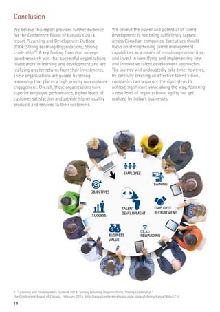 14
EMPLOYEE
TRAINING
EMPLOYEE
RECRUITMENT
TALENT
DEVELOPMENT
REWARDINGBUSINESS
VALUE
SUCCESS
OBJECTIVES
Conclusion
We believe this report provides further evidence
for the Conference Board of Canada’s 2014
report, “Learning and Development Outlook
2014: Strong Learning Organizations, Strong
Leadership.”7
A key finding from that survey-
based research was that successful organizations
invest more in learning and development and are
realizing greater returns from their investments.
These organizations are guided by strong
leadership that places a high priority on employee
engagement. Overall, these organizations have
superior employee performance, higher levels of
customer satisfaction and provide higher quality
products and services to their customers.
7. “Learning and Development Outlook 2014: Strong Learning Organizations, Strong Leadership,”
The Conference Board of Canada, February 2014. http://www.conferenceboard.ca/e-library/abstract.aspx?did=5734
We believe the power and potential of talent
development is not being sufficiently tapped
across Canadian companies. Executives should
focus on strengthening talent management
capabilities as a means of remaining competitive,
and invest in identifying and implementing new
and innovative talent development approaches.
The journey will undoubtedly take time; however,
by carefully creating an effective talent vision,
companies can sequence the right steps to
achieve significant value along the way, fostering
a new level of organizational agility not yet
realized by today’s businesses.
 