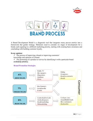 16 | P a g e
A Brand Development Model is a diagnostic tool that integrates many proven metrics into a
framework that guides strategy. Marketers need to consider six stages of development for a
brand, each equating to a different marketing priority, starting with creating basic awareness and
concluding with building customer loyalty.
In my opinion:
 The process of improving a brand or improving customers'
knowledge and opinions of a brand.
 The promoting of a product or service by identifying it with a particular brand
(scholarly-articles).
Brand Promotion Strategies
 