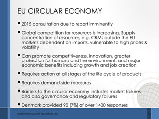 EU CIRCULAR ECONOMY
2015 consultation due to report imminently
Global competition for resources is increasing. Supply
concentration of resources, e.g. CRMs outside the EU
markets dependent on imports, vulnerable to high prices &
volatility
Can promote competitiveness, innovation, greater
protection for humans and the environment, and major
economic benefits including growth and job creation
Requires action at all stages of the life cycle of products
Requires demand-side measures
Barriers to the circular economy includes market failures
and also governance and regulatory failures
Denmark provided 90 (7%) of over 1400 responses
SUSTAINABLE GLOBAL RESOURCES LTD 14
 