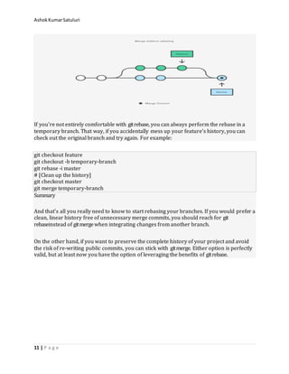AshokKumarSatuluri
11 | P a g e
If you’re not entirely comfortable with gitrebase, you can always perform the rebase in a
temporary branch. That way, if you accidentally mess up your feature’s history, you can
check out the original branch and try again. For example:
git checkout feature
git checkout -b temporary-branch
git rebase -i master
# [Clean up the history]
git checkout master
git merge temporary-branch
Summary
And that’s all you really need to know to start rebasing your branches. If you would prefer a
clean, linear history free of unnecessary merge commits, you should reach for git
rebaseinstead of gitmergewhen integrating changes from another branch.
On the other hand, if you want to preserve the complete history of your project and avoid
the risk of re-writing public commits, you can stick with gitmerge. Either option is perfectly
valid, but at least now you have the option of leveraging the benefits of gitrebase.
 