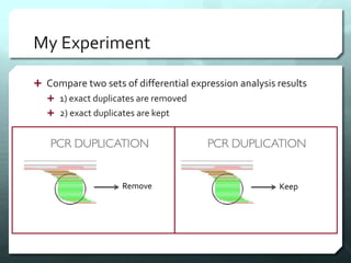 My Experiment
 Compare two sets of differential expression analysis results
 1) exact duplicates are removed
 2) exact duplicates are kept
Remove Keep
 