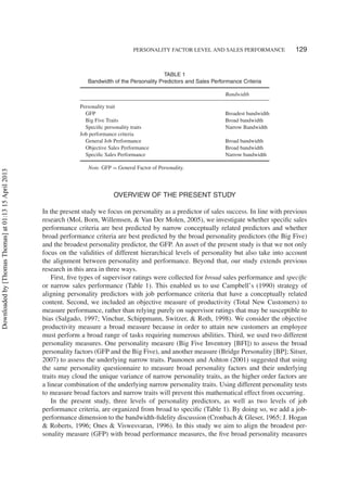 PERSONALITY FACTOR LEVEL AND SALES PERFORMANCE 129
TABLE 1
Bandwidth of the Personality Predictors and Sales Performance Criteria
Bandwidth
Personality trait
GFP Broadest bandwidth
Big Five Traits Broad bandwidth
Speciﬁc personality traits Narrow Bandwidth
Job performance criteria
General Job Performance Broad bandwidth
Objective Sales Performance Broad bandwidth
Speciﬁc Sales Performance Narrow bandwidth
Note. GFP = General Factor of Personality.
OVERVIEW OF THE PRESENT STUDY
In the present study we focus on personality as a predictor of sales success. In line with previous
research (Mol, Born, Willemsen, & Van Der Molen, 2005), we investigate whether speciﬁc sales
performance criteria are best predicted by narrow conceptually related predictors and whether
broad performance criteria are best predicted by the broad personality predictors (the Big Five)
and the broadest personality predictor, the GFP. An asset of the present study is that we not only
focus on the validities of different hierarchical levels of personality but also take into account
the alignment between personality and performance. Beyond that, our study extends previous
research in this area in three ways.
First, ﬁve types of supervisor ratings were collected for broad sales performance and speciﬁc
or narrow sales performance (Table 1). This enabled us to use Campbell’s (1990) strategy of
aligning personality predictors with job performance criteria that have a conceptually related
content. Second, we included an objective measure of productivity (Total New Customers) to
measure performance, rather than relying purely on supervisor ratings that may be susceptible to
bias (Salgado, 1997; Vinchur, Schippmann, Switzer, & Roth, 1998). We consider the objective
productivity measure a broad measure because in order to attain new customers an employee
must perform a broad range of tasks requiring numerous abilities. Third, we used two different
personality measures. One personality measure (Big Five Inventory [BFI]) to assess the broad
personality factors (GFP and the Big Five), and another measure (Bridge Personality [BP]; Sitser,
2007) to assess the underlying narrow traits. Paunonen and Ashton (2001) suggested that using
the same personality questionnaire to measure broad personality factors and their underlying
traits may cloud the unique variance of narrow personality traits, as the higher order factors are
a linear combination of the underlying narrow personality traits. Using different personality tests
to measure broad factors and narrow traits will prevent this mathematical effect from occurring.
In the present study, three levels of personality predictors, as well as two levels of job
performance criteria, are organized from broad to speciﬁc (Table 1). By doing so, we add a job-
performance dimension to the bandwidth-ﬁdelity discussion (Cronbach & Gleser, 1965; J. Hogan
& Roberts, 1996; Ones & Viswesvaran, 1996). In this study we aim to align the broadest per-
sonality measure (GFP) with broad performance measures, the ﬁve broad personality measures
Downloadedby[ThomasThomas]at01:1315April2013
 