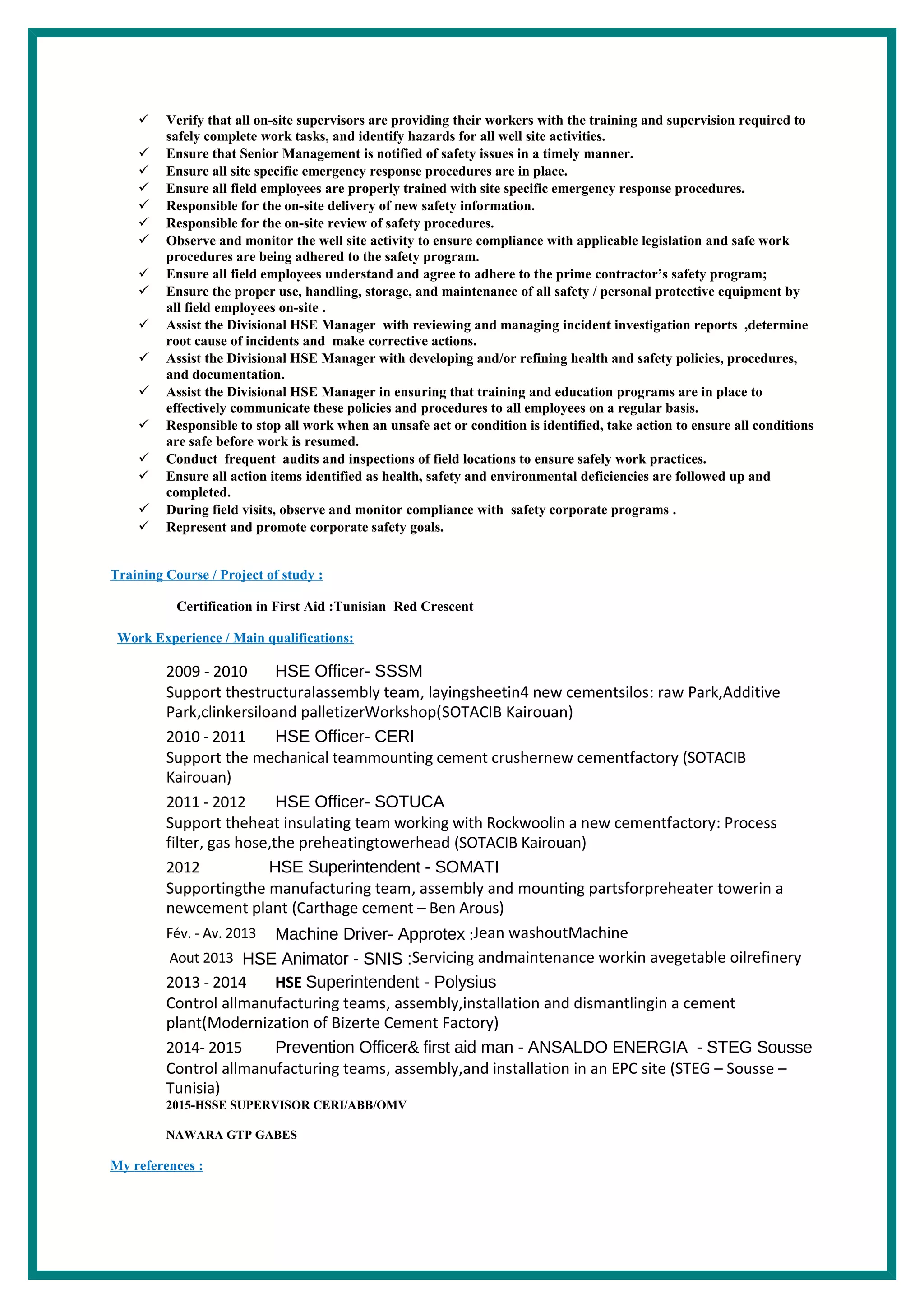 English Supervisor CV HSE SUPERVISOR IN ENGLISH | DOC