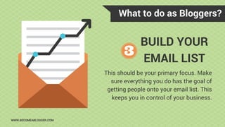 What to do as Bloggers?
WWW.BECOMEABLOGGER.COM
BUILD YOUR
EMAIL LIST
This should be your primary focus. Make
sure everything you do has the goal of
getting people onto your email list. This
keeps you in control of your business.
 