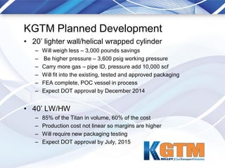 KGTM Planned Development
• 20’ lighter wall/helical wrapped cylinder
– Will weigh less – 3,000 pounds savings
– Be higher pressure – 3,600 psig working pressure
– Carry more gas – pipe ID, pressure add 10,000 scf
– Will fit into the existing, tested and approved packaging
– FEA complete, POC vessel in process
– Expect DOT approval by December 2014
• 40’ LW/HW
– 85% of the Titan in volume, 60% of the cost
– Production cost not linear so margins are higher
– Will require new packaging testing
– Expect DOT approval by July, 2015
 