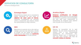SERVICIOS DE CONSULTORÍA
Pensamos estratégicamente
Estrategia Digital
Desarrollamos desde cero tu ecosistema
digital, pensando en que logre un
objetivo de valor para el cliente.
Hacemos investigación de mercado
online y presencial, para deducir desde
los consumidores la mejor solución.
SEO
Mejoramos la posición de tu sitio web en
Google, para que sea relevante y facilite
el cumplir con las metas del negocio,
trayendo a tu web visitas que realmente
están interesadas en lo que ofreces.
Analítica Digital
Estamos certificados en Google
Analytics. Desarrollamos una estrategia
de medición y guiamos a los encargados
del sitio web para implementar la
herramienta de medición para obtener
todo el poder de la información.
UX / AI
Mejorar la conversión de tu web
depende de una buena experiencia de
usuario (UX) y una comprensible
arquitectura de información (AI).
Ideamos desde cero o mejoramos tu
sitio web para hacerlo más fácil de
convertir visitas en clientes.
 