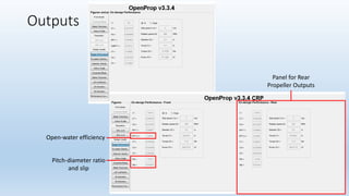 Outputs
Open-water efficiency
Panel for Rear
Propeller Outputs
Pitch-diameter ratio
and slip
 