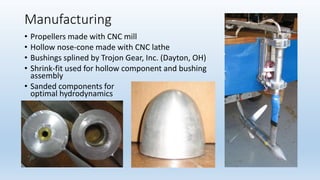 Manufacturing
• Propellers made with CNC mill
• Hollow nose-cone made with CNC lathe
• Bushings splined by Trojon Gear, Inc. (Dayton, OH)
• Shrink-fit used for hollow component and bushing
assembly
• Sanded components for
optimal hydrodynamics
 