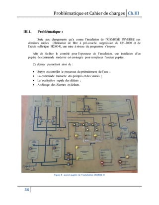 Problématique et Cahier de charges Ch.III
24
III.1. Problématique :
Suite aux changements qu’a connu l’installation de l’OSMOSE INVERSE ces
dernières années (élimination de filtre à pré-couche, suppression du RPI-2000 et de
l’acide sulfurique H2SO4), une mise à niveau du programme s’impose
Afin de faciliter le contrôle pour l’operateur de l’installation, une installation d’un
pupitre de commande moderne est envisagée pour remplacer l’ancien pupitre.
Ce dernier permettant ainsi de :
 Suivre et contrôler le processus du prétraitement de l’eau ;
 La commande manuelle des pompes et des vannes ;
 La localisation rapide des défauts ;
 Archivage des Alarmes et défauts.
Figure 8 : ancien pupitre de l'installation OSMOSE III
 